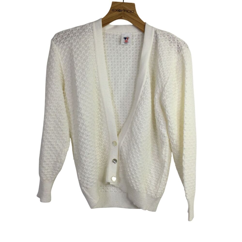 Sweater Bazaar Womens Knit Cardigan Sweater V-Neck Long Sleeve White Size Small
